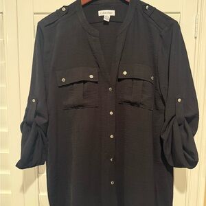 Calvin Klein Women's Size Large  Black 3/4 Sleeve Button Down Shirt